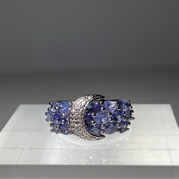 Tanzanite and Zircon Buckle Ring in Platinum over Sterling Silver Size 10 - Picture 5 of 15